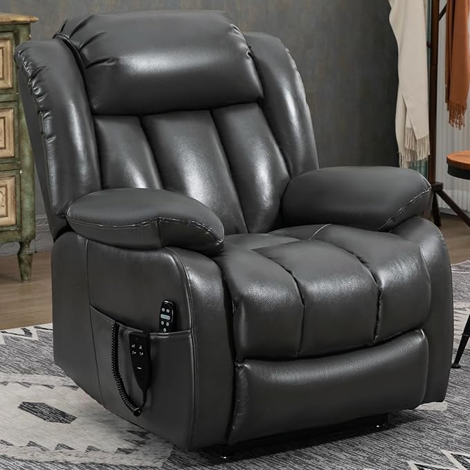 Dual Motor Large Recliner with Massage and Heat, Power Lift Chairs for Elderly, Breathable Leather Recliner Chairs for Adults with 2 Remote Controls, Dark Grey Big and Tall Recliner
