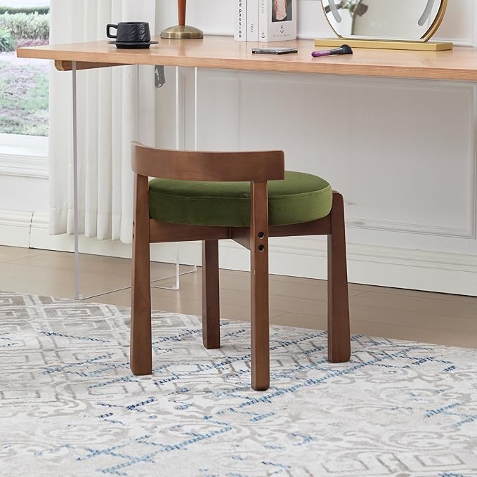 DUOMAY Modern Velvet Vanity Stools Set of 2, Upholstered Low Back Ottomans with Solid Wood Legs Cute Round Footrest Makeup Stools Dressing Seat for Living Room Bedroom, Green