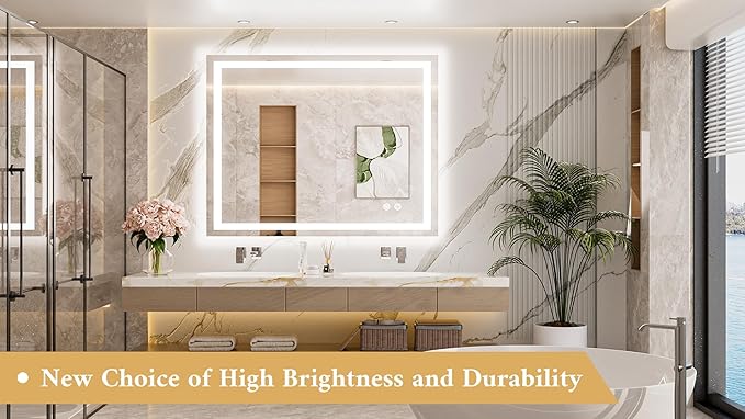 TETOTE LED Lighted Bathroom Mirror with Lights 42 x 36 Brighter Front and Backlit Light up Mirror for Bathroom Wall, Illuminated Vanity Anti Fog Mirror, 3-Color Stepless Dimmable, Tempered Glass
