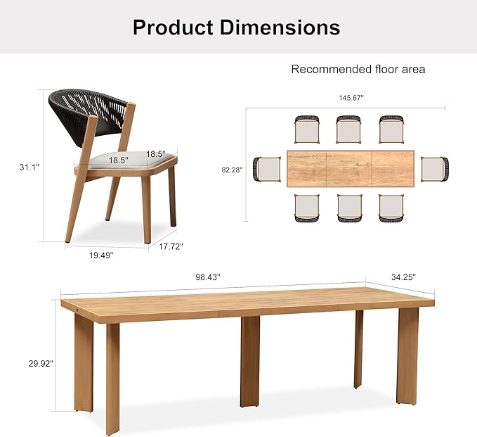 PURPLE LEAF 8-Piece Patio Dining Set Outdoor Furniture Rectangular Table and Chairs Set with Aluminum Frame and Teak-Finish for Garden Deck Backyard Kitchen Sunlit Teak Outdoor Set