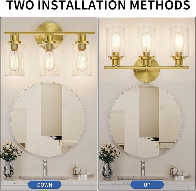 GORDNWE Modern Vanity Light Fixtures, 3 Light Brushed Gold, E26 Bulb Base, Farmhouse Style Over Mirror Lighting