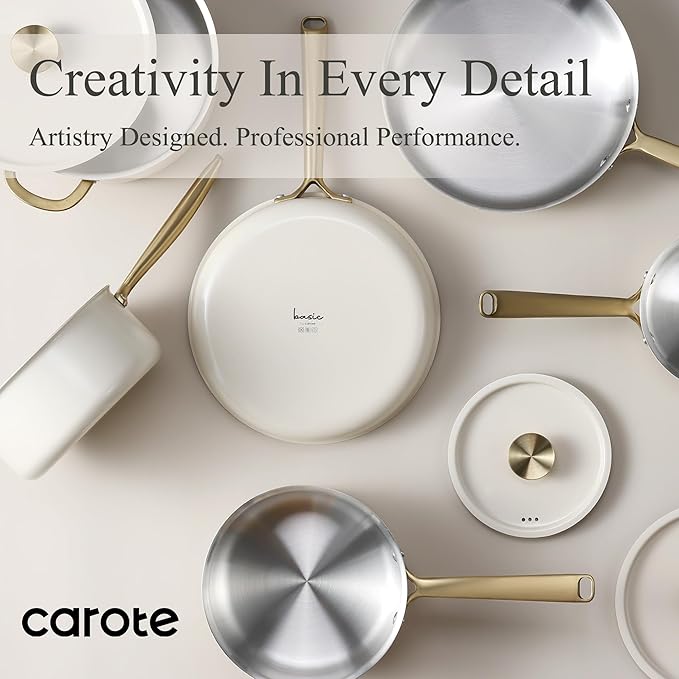 CAROTE 24pcs Tri-Ply Stainless Steel Cookware Set, Pots and Pans Set, Non Stick Induction Kitchen Cooking Sets, Nonstick Cookware Collection, Outer Ceramic Layer, Cream White