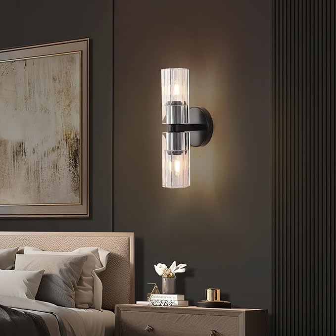 2 Light Black Crystal Wall Sconces,K9 Crystal Sconces Wall Lighting,Crystal Modern Wall Sconces Indoor Wall Light Fixtures Bedroom Wall Sconce for Bathroom,Stairway,Entryway,Hallway, Living
