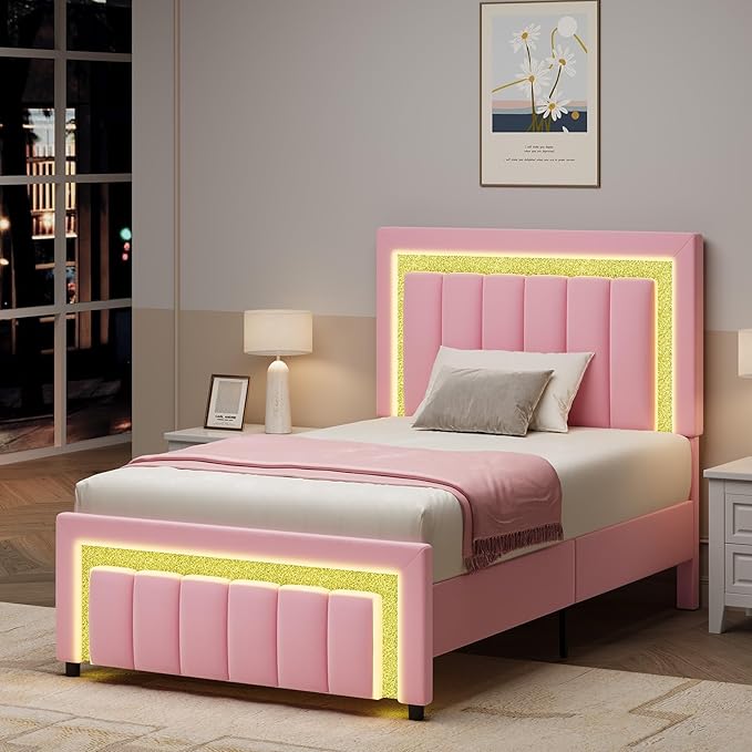 HOMBCK Twin Bed Frame with LED Lights and Velvet Upholstered Headboard, Bed Frame Twin Size with Modern Diamond Headboard Adjustable, Wooden Slats Support, Noise Free, No Box Spring Needed, Pink