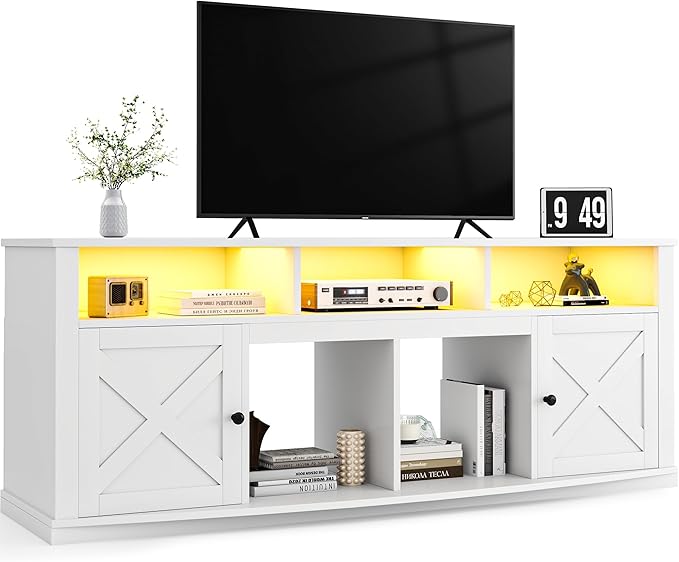 DWVO TV Stand for 75/80 Inch TV, Entertainment Center, LED Light Media Console, TV Cabinet with Barn Doors and Power Outlet for Living Room, White