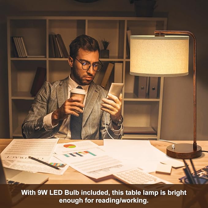 Vintage Table Lamp, Fully Dimmable Table Lamp with C+A USB Charging Ports, Farmhouse Bedside Lamp Nightstand Light, Tall Reading Desk Lamp for Living Room, Bedroom, Office, 9W LED Bulb Included