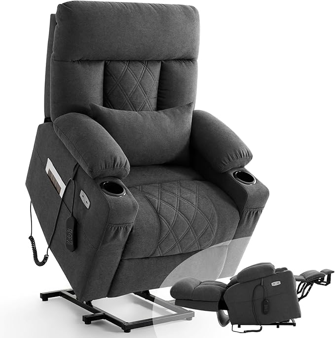 Power Lift Recliner Chair for Elderly with Extended Footrest, Infinite Position Lay Flat Recliner Chair for Adult W/Massage & Heating, Adjustable Headrest, 3-Motor Zero Gravity,Cup Holder, Fabric