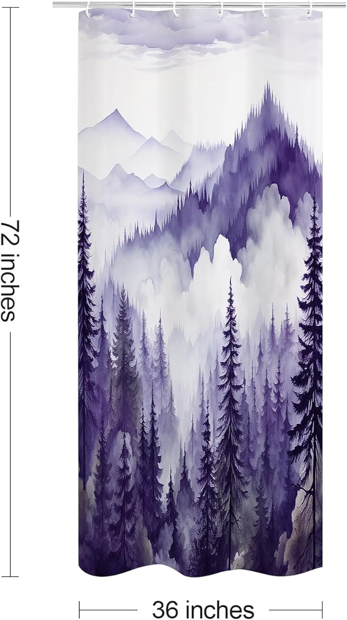 Purple Small Stall Misty Pine Forest Shower Curtain 36 x 72, Mountain Foggy Woodland Scenery Tree Narrow Half Size Shower Curtains for Bathroom, Abstract Waterproof Nature-Themed Decor