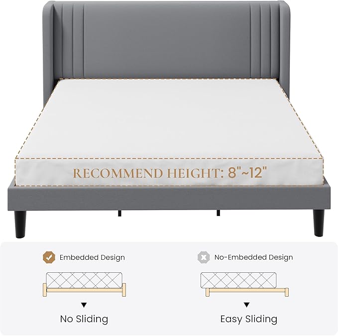 SHA CERLIN King Size Velvet Upholstered Platform Bed Frame with Vertical Channel Tufted Wingback Headboard, Wooden Slats Support, Easy Assembly, Under Bed Storage, No Box Spring Required, Grey