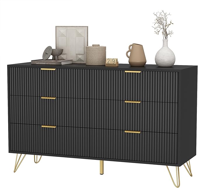 Black Dresser for Bedroom, 6 Drawers Wood Dresser with Golden Handle, Modern Wood Chest for Living Room, Hallway, Entryway