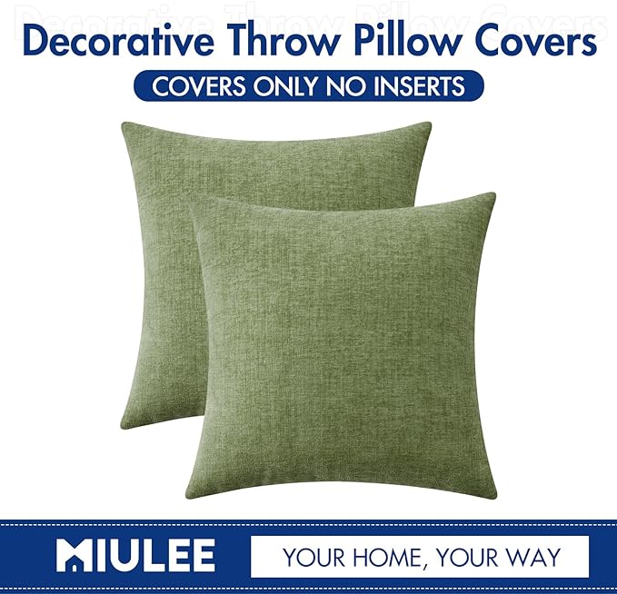 MIULEE Pack of 2 Couch Throw Pillow Covers 18x18 Inch Spring Soft Sage Green Chenille Pillow Covers for Sofa Living Room Solid Dyed Pillow Cases