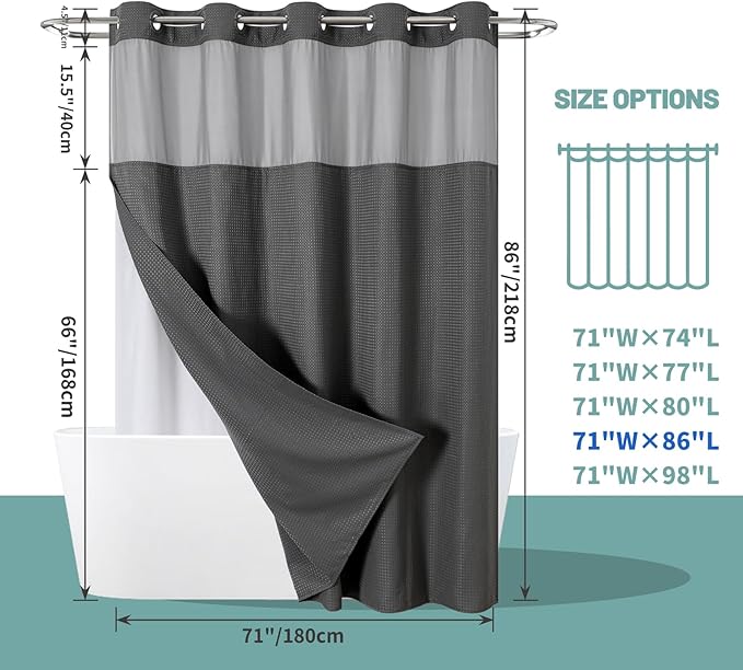 Charcoal Grey Extra Long No Hook Waffle Weave Shower Curtain with snap-in Liner Replacement, 230GSM Waterproof Fabric Hotel Shower Curtain Set for Bathroom, Through Mesh Top Window,71Wx86H