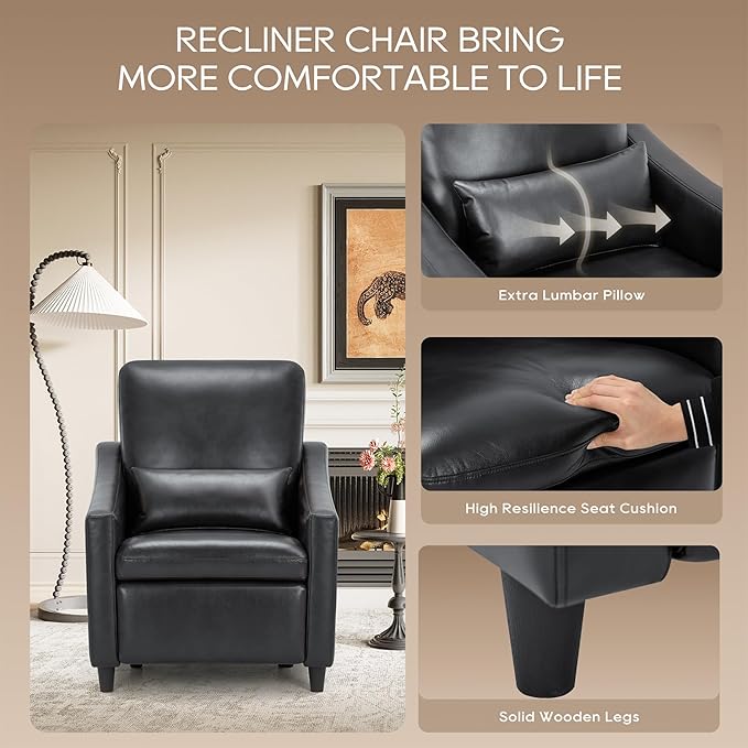 COLAMY Pushback Electric Recliner Chair, Premium Leather Upholstery with Adjustable Angles, Extra Lumbar Pillow, Built-in Charging Port, Electric Recliner Sofa Chair for Living Room,Black