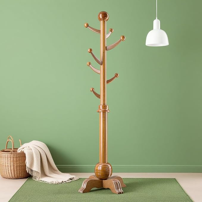 Hall Tree, Freestanding Wood Tree Rack with 7 Hooks, Coat Rack with Stable Sphere Base, Wooden Coat Rack Stand, Load 210 lb, Coat Hanger Stand for Entryway, Hallway, Bedroom (Natural)
