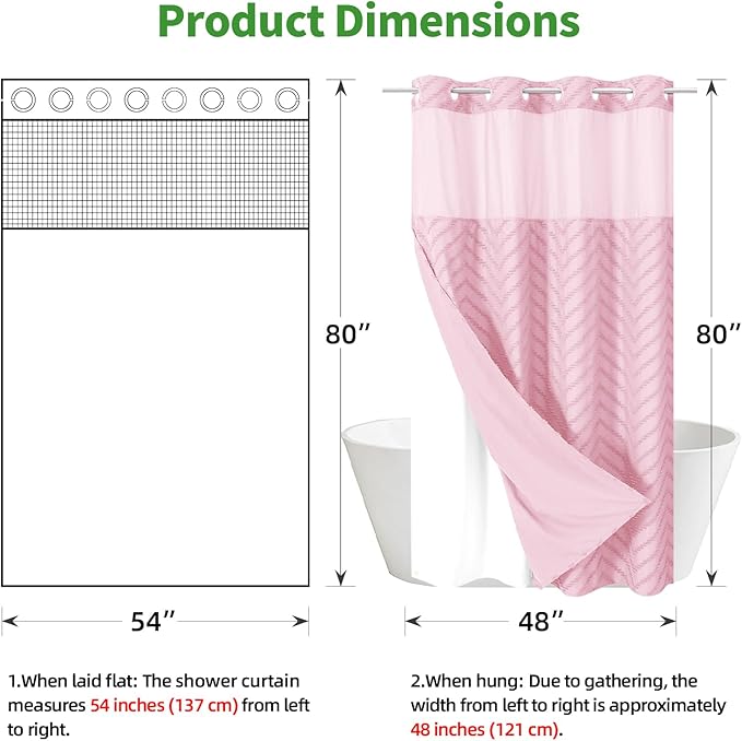 Stall No Hook Boho Farmhouse Shower Curtain with Snap-in Fabric Liner set-54Wx80H(78H),Pink Tufted Chevron Striped Hotel Grade Cloth Shower Curtains for Bathroom,Water Repellent