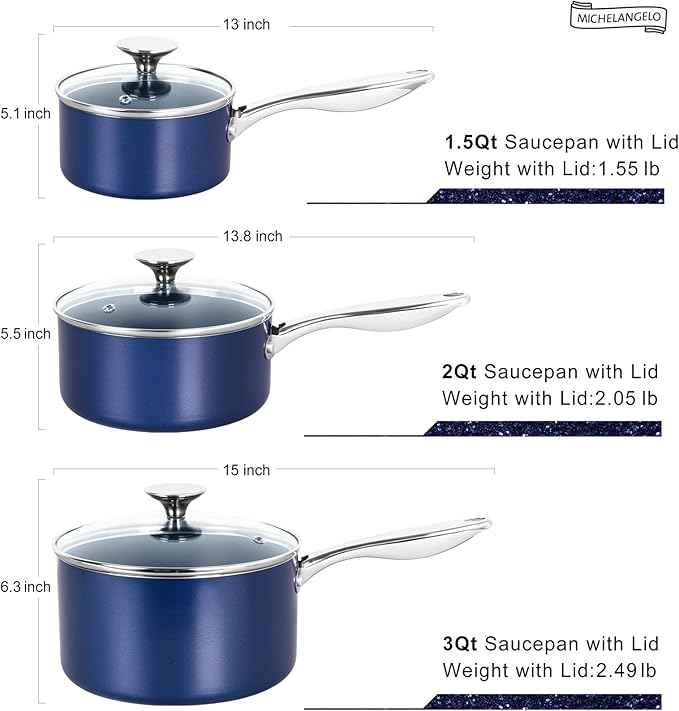 MICHELANGELO Sauce Pan with Lid, Ceramic Saucepan Set, 1.5Qt & 2Qt & 3Qt Sauce Pan Sets, Nonstick Saucepans with Lids, Small Pots with Stainless Steel Handle, Oven Safe, Blue