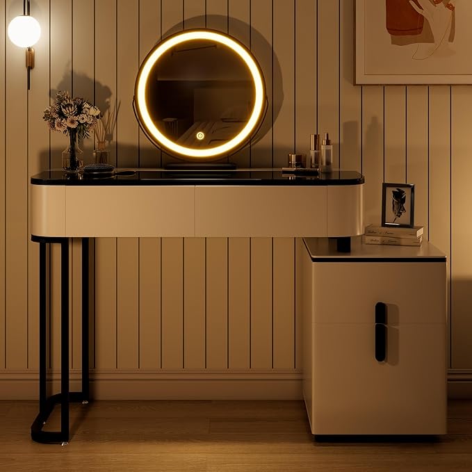 Small Vanity Desk with Mirror and Lights| Modern Makeup Vanity Table with Adjustable Nightstand and 4 Storage Drawers| Black and White Dressing Table for Bedroom Space