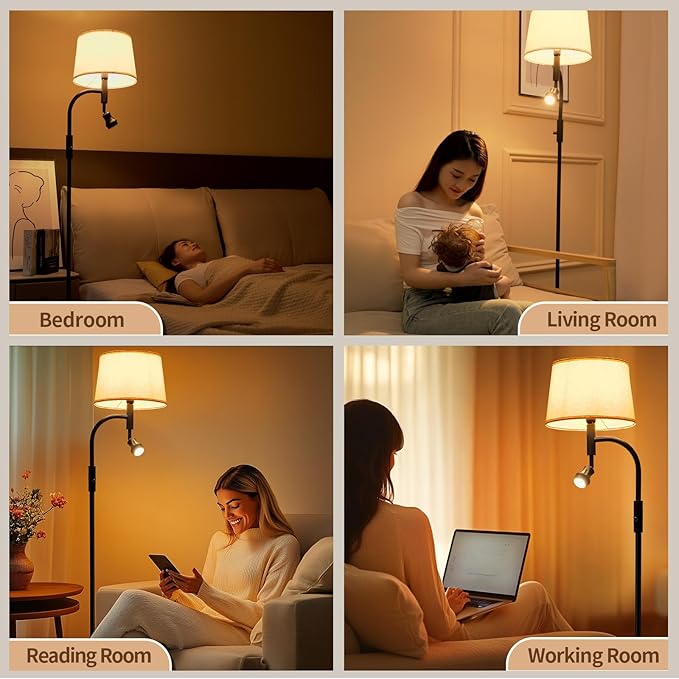 Floor Lamp for Living Room, Vintage Two-Light Tall Floor Lamp with knob, LED Reading Standing Lamp for Bedroom Office - Black