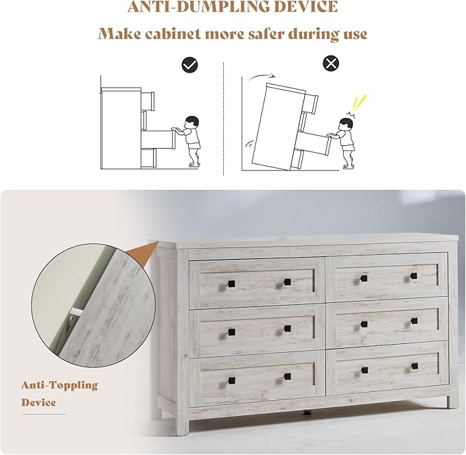 AMERLIFE 6 Drawer Dresser for Bedroom, 54" Wide Dresser TV Stand with Large Drawers, Farmhouse Wood Chest of Drawers with Vintage Grain Texture, Distressed White