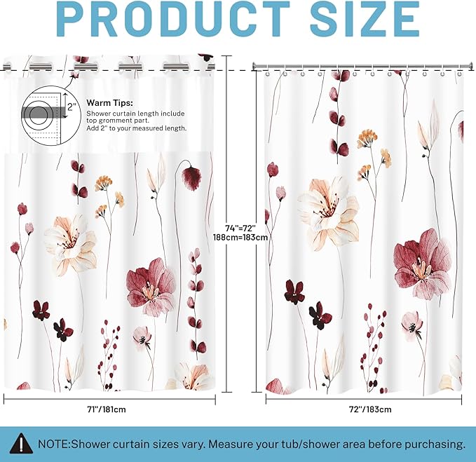 No Hook Shower Curtain with Snap in Liner - Floral Shower Curtain - Fabric Waterproof Inner Liner, Plants Watercolor Burgundy Flower Modern Shower Curtains - Machine Washable, 71 x 74