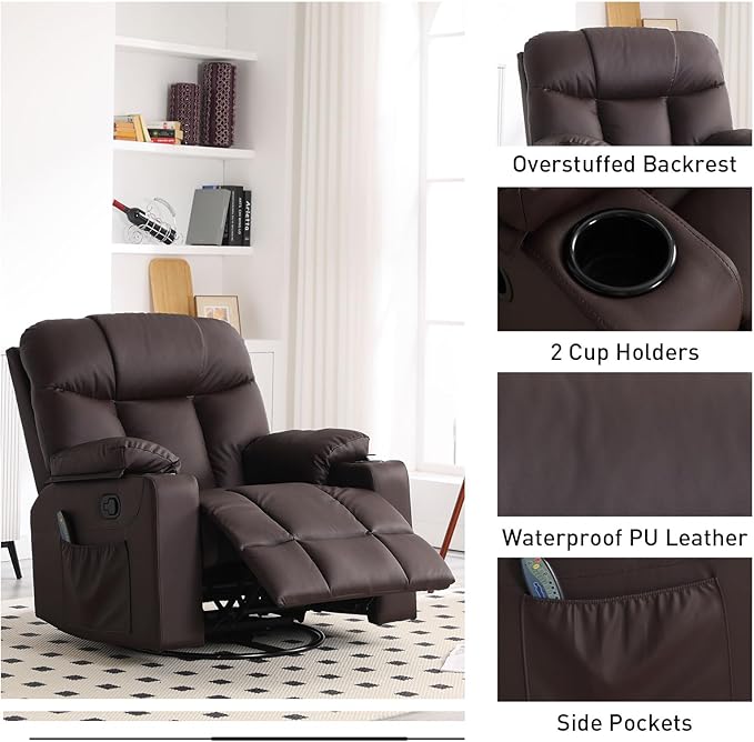Bonzy Home Oversized Swivel Rocker Recliner, 40" Rocking Chair with Heating and Massage, PU Leather Single Sofa with 360° Swivel, 2 Cup Holders for Living Room Bedroom, Brown