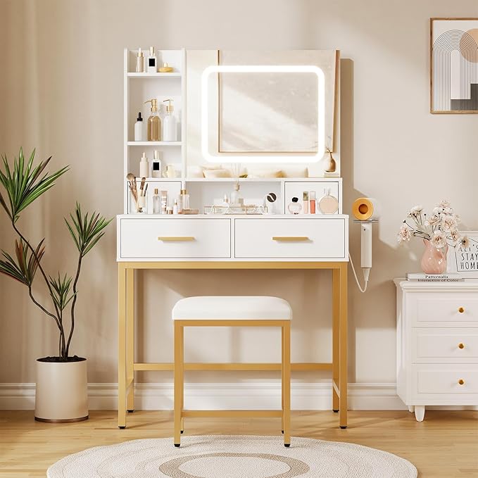 Garvee Vanity Desk, Makeup Vanity Desk with Mirror and Lights 3 Colors, Dressing Table with Chair, Makeup Table Set with 4 Drawers, Power Outlet & Storage Shelves, for Bedroom (White)