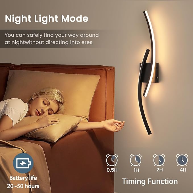 15000mAh Battery Operated Wall Sconce Set of 2,Black Wall Sconces with Remote Control,3000K-6000K Modern LED Wireless Wall Light for Living Room, Hallway, Bedroom, 39.3 Inch (2 Pack)