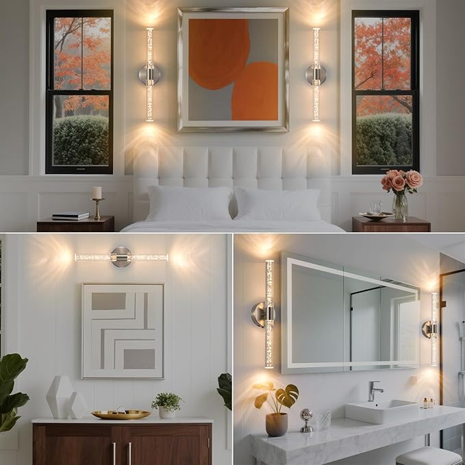Modern LED Battery Operated Wall Sconces Set of Two, Dimmable Bathroom Crystal Wall Sconce, USB Rechargeable Brushed Nickel Vanity Wall Lamp, Bubble Wall Lights For Bedroom, Living Room. 20-Inch