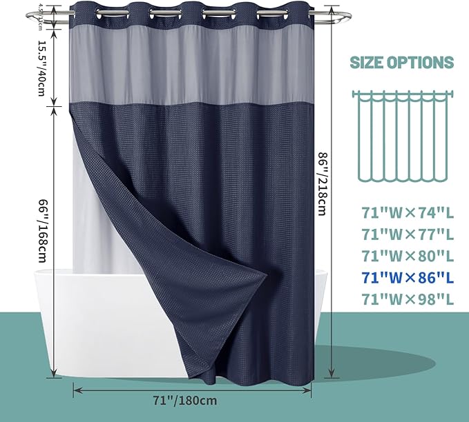 Navy Extra Long No Hook Waffle Weave Shower Curtain with snap-in Liner Replacement, 230GSM Waterproof Fabric Hotel Shower Curtain Set for Bathroom, Through Mesh Top Window,71Wx86H