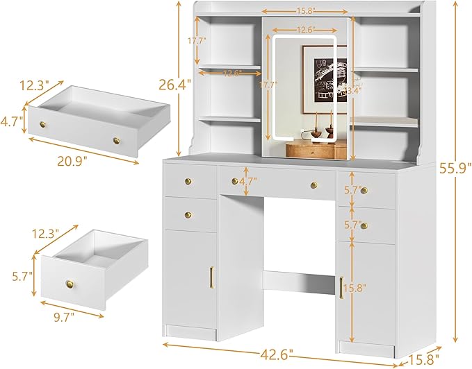 Vanity Desk with LED Lights & Sliding Mirror, Makeup Vanity with Lights, Power Outlet, White Vanity Desk with 5 Drawers & 2 Cabinets, 6 Storage Shelves for Bedroom