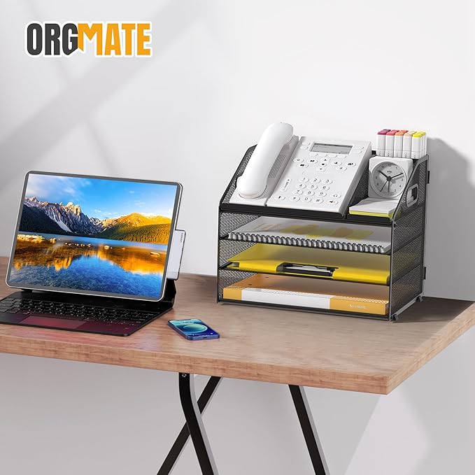 Letter Tray Paper, 4 Tier Desk Organizer with Pen Holder and Handle Mesh File Organizer Paper Sorter Metal Desktop Document Shelf for Office Home Classroom -Black