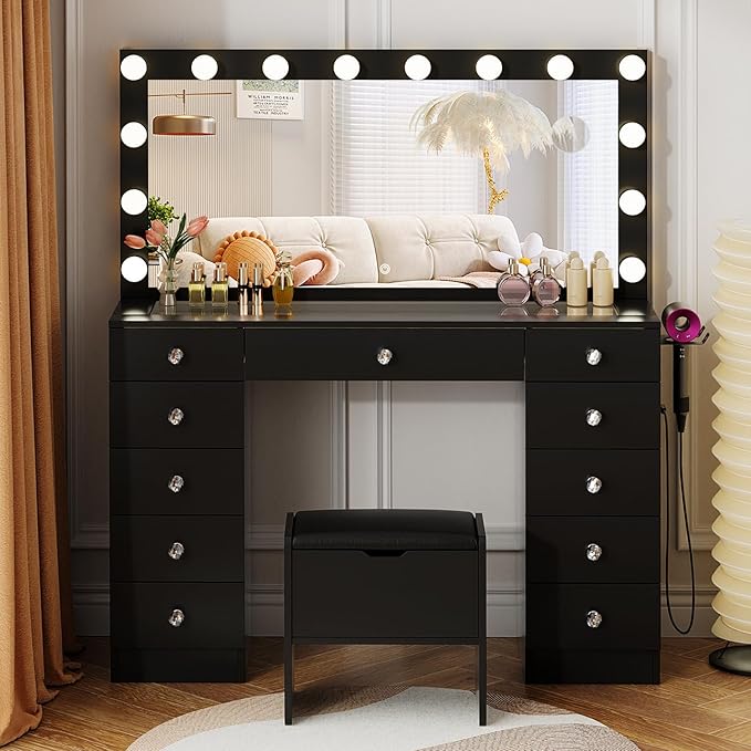 VOWNER Vanity with Lighted Mirror - Makeup Vanity Desk with Glass Top and 11 Drawers, 3 Color Lighting Modes Adjustable Brightness, 46" Vanity Table with Soft Cushioned Stool for Bedroom, Black