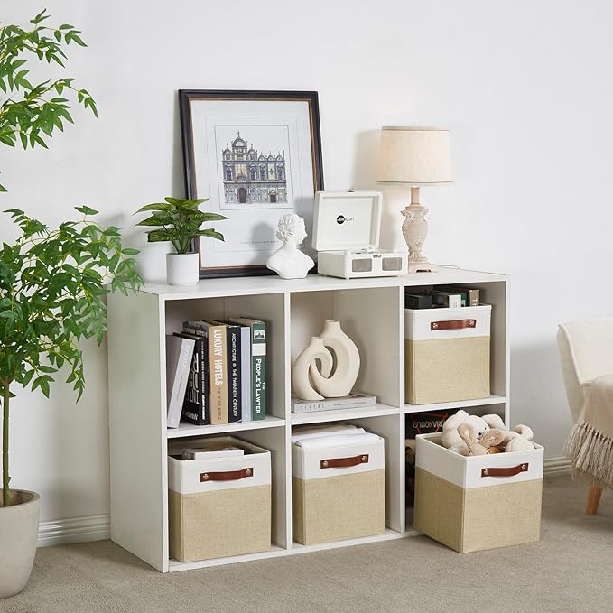 Collapsible Fabric Storage Cube Bins with 2 Reinforced PU Handles, Foldable Storage Organizer Baskets for Closet, Shelves, Living Room | 11"x11"x11", 4 Pack, Beige & White