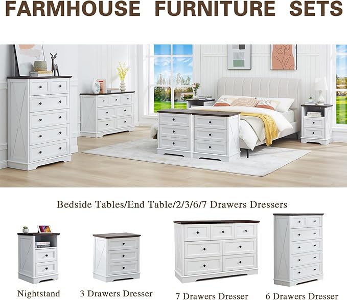 Farmhouse 6 Drawers Dresser Chests for Bedroom, White 6 Chest of Drawers, Wood Dressers Organizer for Closet, Modern Storage Organizer Cabinet for Bedroom,Living Room,Hallway & Entryway