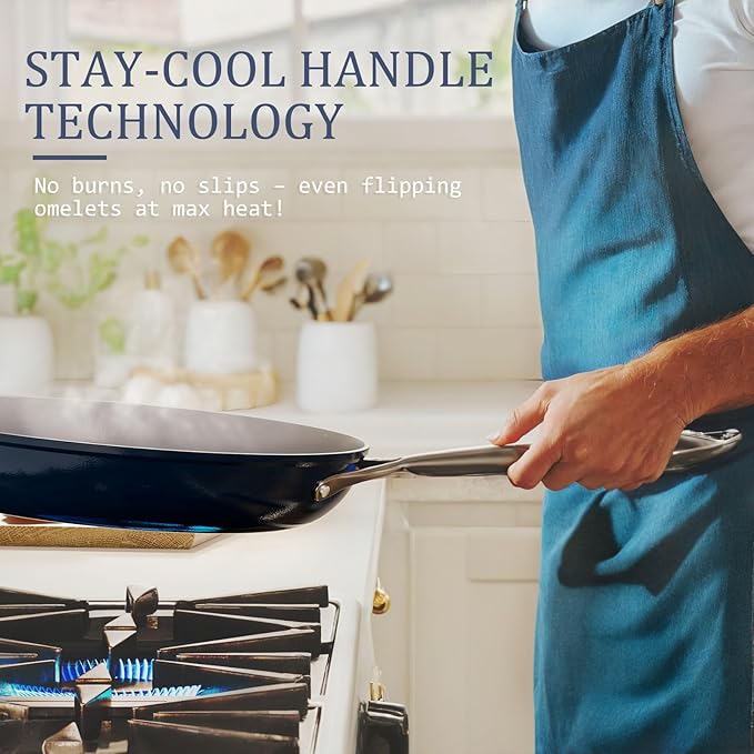 Nonstick Ceramic Sautรฉ Pan with Lid (4.5 qt, 11"), Deep Frying Pan for All Cooktops - Non Toxic, PTFE/PFOA/PFAS Free, Dishwasher & Oven Safe up to 500ยฐF - with Stay Cool Handle - Navy Blue