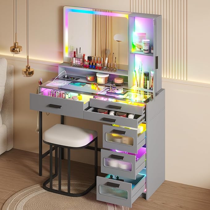 RGB Vanity Desk with Mirror and Lights, Glass Top Makeup Vanity with 6 Drawers & Wireless Charging,Vanity Table Set with RGB Cabinet Light and Jewelry Box, for Girls Bedroom,Grey