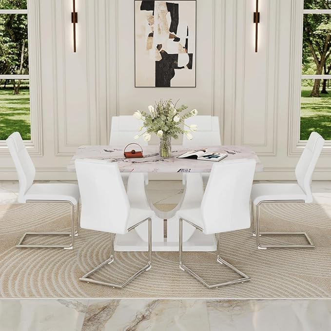 Dining Table Set for 6, Kitchen Table Chairs Set of 6, Modern Dining Room Set 63'' Faux Marble Dinner Table PU Leather Upholstered Chairs for Kitchen