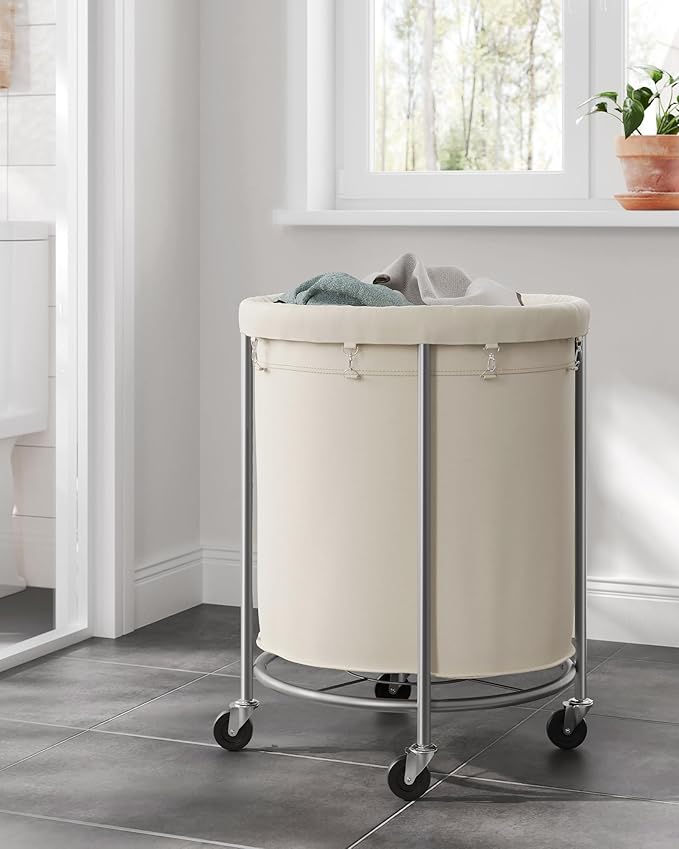 SONGMICS 50.2-Gallon (190 L) Laundry Basket with Wheels, Rolling Round Heavy-Duty Laundry Hamper Cart with Steel Frame and Removable Bag, 2 Locking Wheels, Cream White and Metallic Silver URLS01MZ