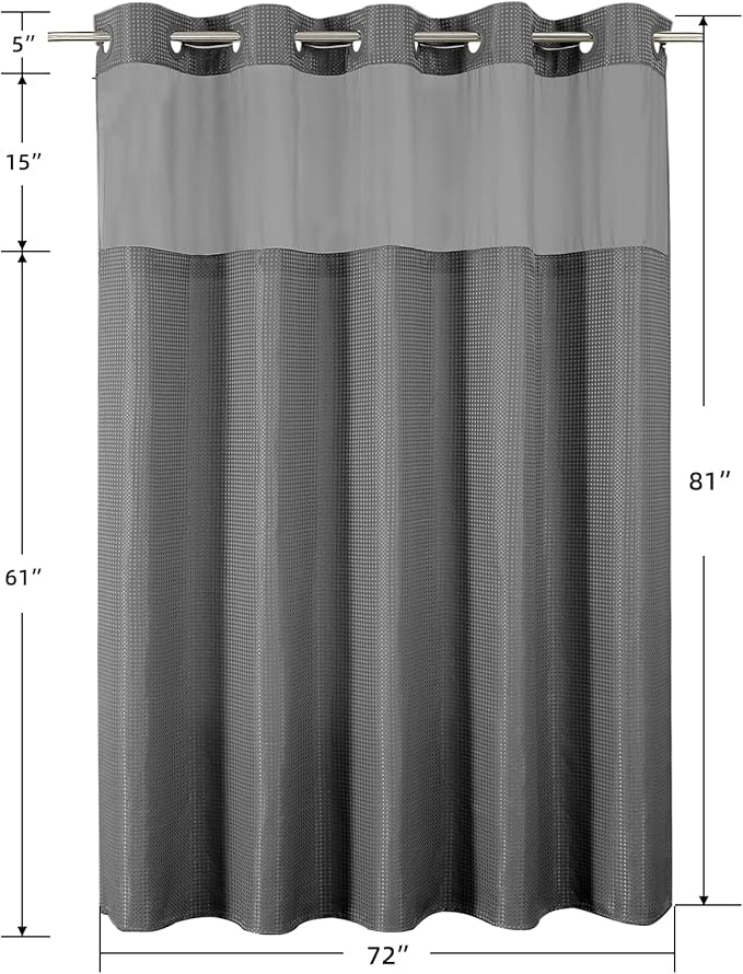 Colorful Star No Hook Shower Curtain with Snap in Fabric Liner, Waffle Heavy Duty Thick Shower Curtains with Mesh Top Window, Hotel Style Waterproof Bathroom Curtain Set, 72'' x 81'', Charcoal Grey