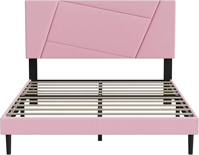 Full Size Bed Frame, Full Platform Bed Frame with Velvet Upholstered Headboard, Geometric, Sturdy Frame and Wooden Slats, Noiseless, No Box Spring Required, Easy to Assemble,Pink