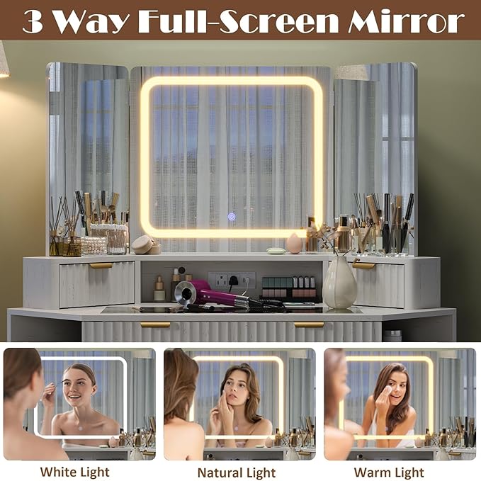48'' Modern Vanity Desk with HD Triple Mirror & Lights,Large Corner Vanity Table with Glass Top, Charging Station,1Multifunctional Drawers & 2 Small Drawers, Dressing Table Set with 2 Cabinets, White