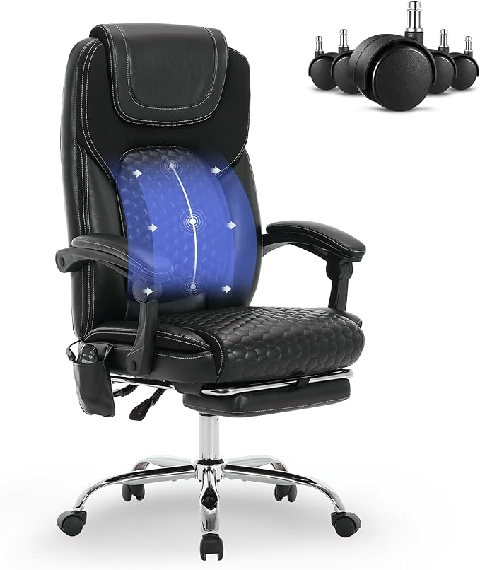Massage Office Chair with Heat and Footrest –Reclining Desk Chair, Big and Tall Leather Computer Chair with Wheels, PU Executive Office Chair for Home, Gaming, Study, 300 lbs,Black