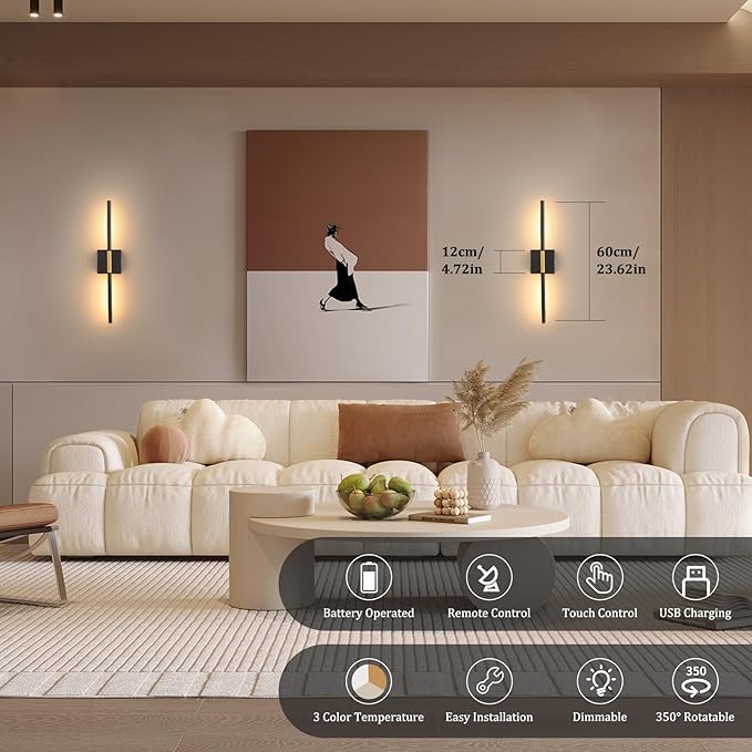Battery Operated Wall Sconce Set of 2, 8000mAh Wireless Wall Sconces, 3000K-6000K Dimmable, 350°Rotate, Indoor Wall Lights with Remote for Bedroom Living Room Bathroom, Black Gold, 23.6 Inch