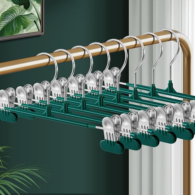 Clothes Pants Hangers with Wide Clips 20 Pack,Non-Slip Adjustable Skirt Hanger for Women,Space-Saving Heavy Duty Men Hangers for Pants,Trousers,Jeans,Shorts 12Inch Green