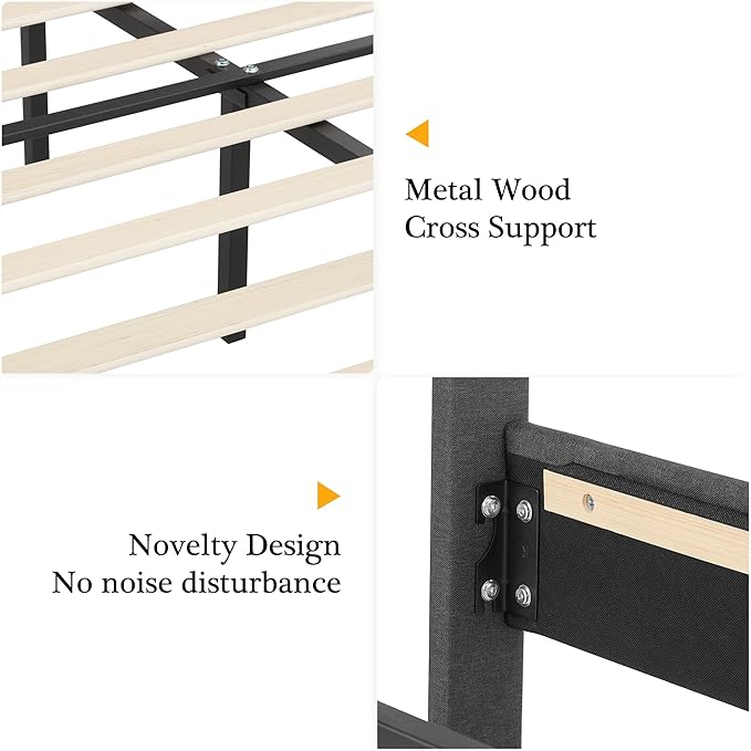 VECELO Queen Size Platform Bed Frame with Fabric Upholstered Headboard and Wooden Slats Support, No Box Spring Needed/Easy Assembly,Grey