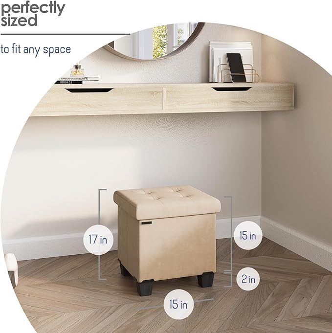 STORAGEBUD Storage Ottoman Cube with Small Bin, 15-in Square Ottoman with Storage for Living Room and Bedroom, Small Ottomans Foot Rest, Velvet Foot Stools Ottomans Max 330lbs, Taupe