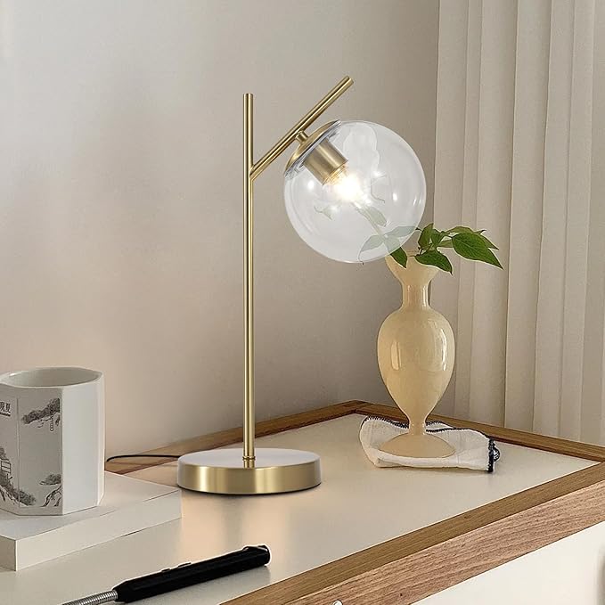 Mid Century Modern Table Lamp Contemporary Metal Brass Bedside Lamps with Clear Glass lampshade Gold Globe Nightstand Lamp for Bedroom Living Room Study Room