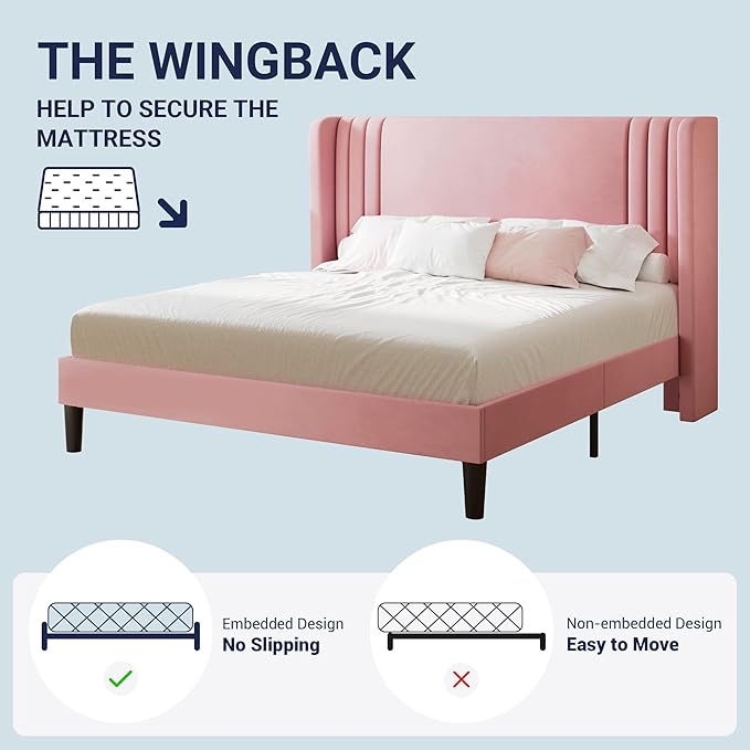 Allewie Queen Size Velvet Platform Bed Frame with Vertical Tufted Wingback Headboard, Easy Assembly, Under Bed Storage, No Box Spring Required, Modern Style, Pink