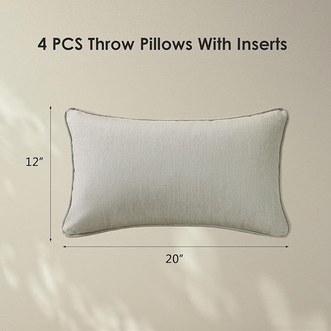 Sunbrella Decorative Outdoor Water Repellent Throw Pillows with Inserts, Set of 4, 20" x12" Pillows for Patio, Backyard, Bed, Couch, and Patio Furniture, Specrtum Pebble