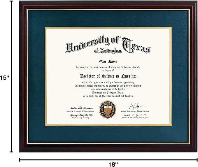 GraduationMall 11x14 Diploma Frame with Navy over Gold Mat or Display 15x18 Certificate without Mat,Solid Wood & UV Protection Acrylic,Cherry Finish with Gold Trim